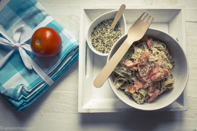 Vegan Alfredo with hemp seeds and tomatoes