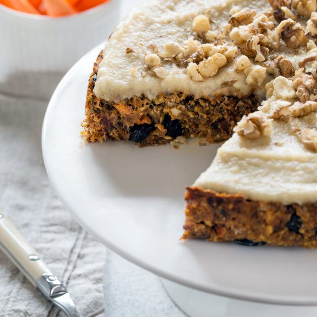 Vegan Gluten-free Carrot Cake with Cashew Frosting and Walnuts