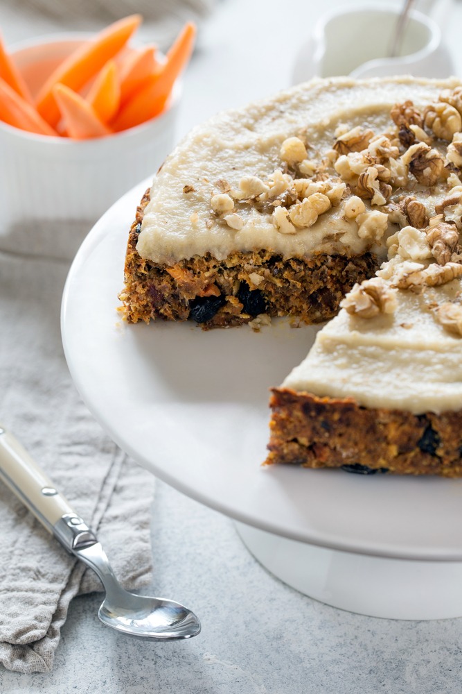 Vegan Gluten-free Carrot Cake with Cashew Frosting and Walnuts