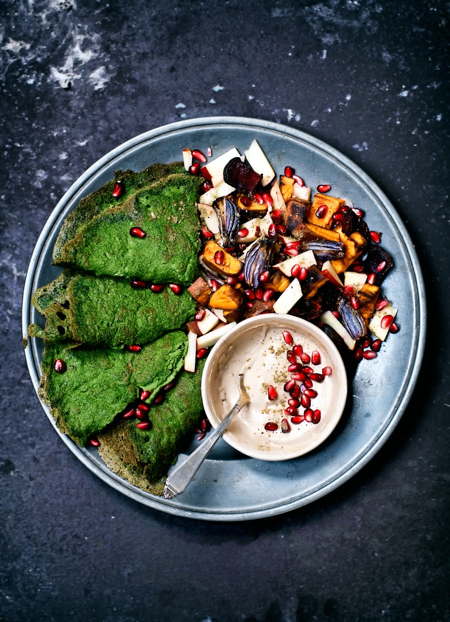 Spinach Crepes with Roasted Root Vegetables and Tahini Sauce