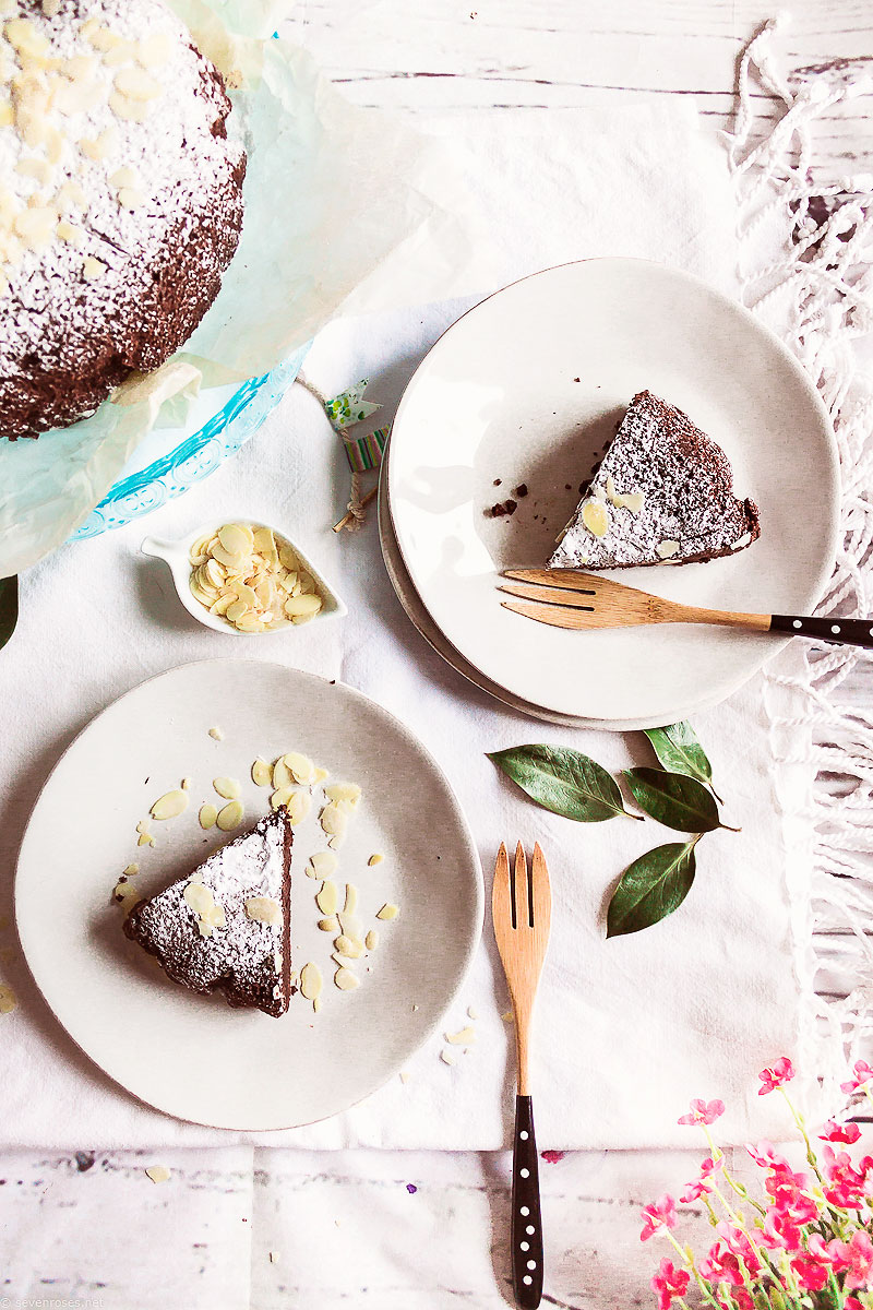 Slices of the gluten-free, almond-based Vegan chocolate cake that I love to make for Spring