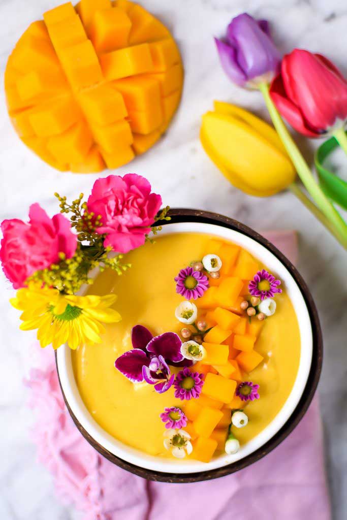 Springtime Mango Smoothie Bowl with Edible Flowers