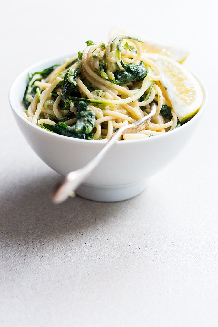10 MINUTE HUMMUS PASTA WITH ZOODLES, GREENS AND LEMON