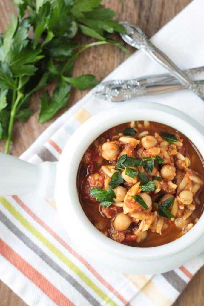 Slow Cooker Red Lentil Stew with Chickpeas and Orzo