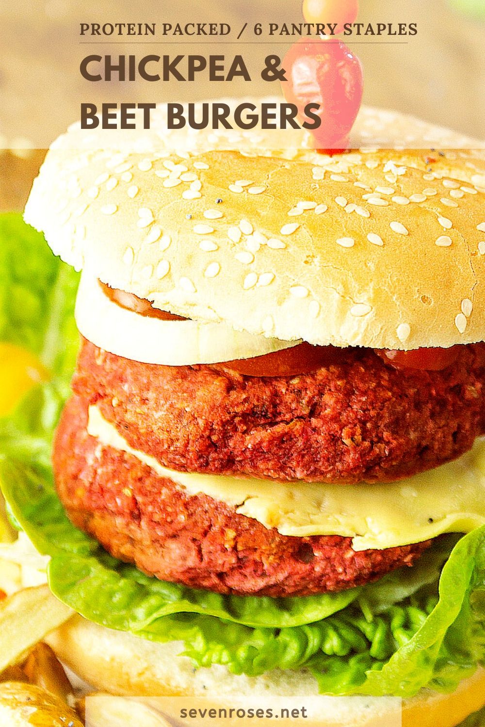 These protein-packed, pantry staple chickpea and beet burgers require only 6 ingredients from your pantry for a fun burger night at home, even during a lock down!