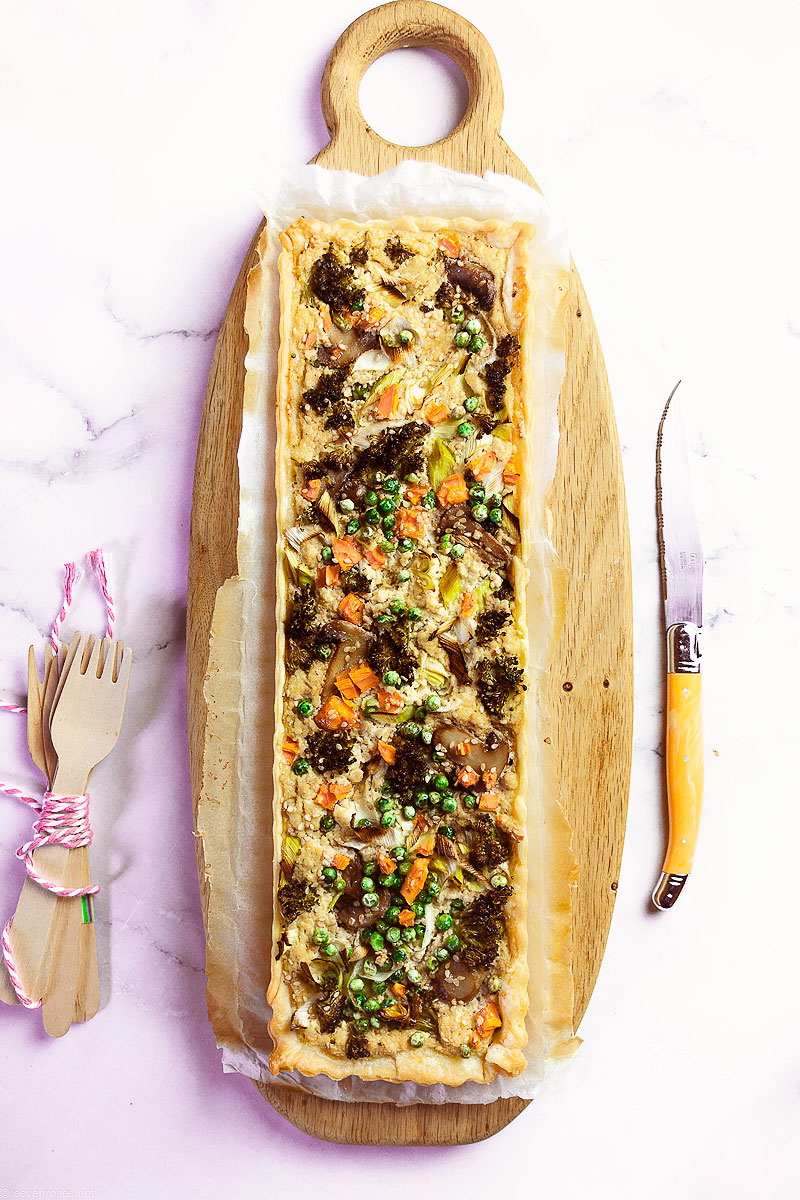 This Vegan Spring Vegetable Tart makes for a great brunch or light lunch with a crunchy side salad.  Serve warm or at room temperature.